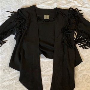 Black faux suede fringe jacket